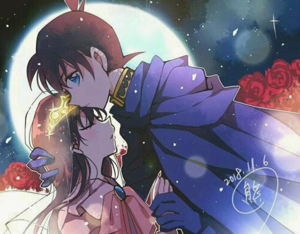 Shinichi và Ran hôn nhau trong khung cảnh lãng mạn