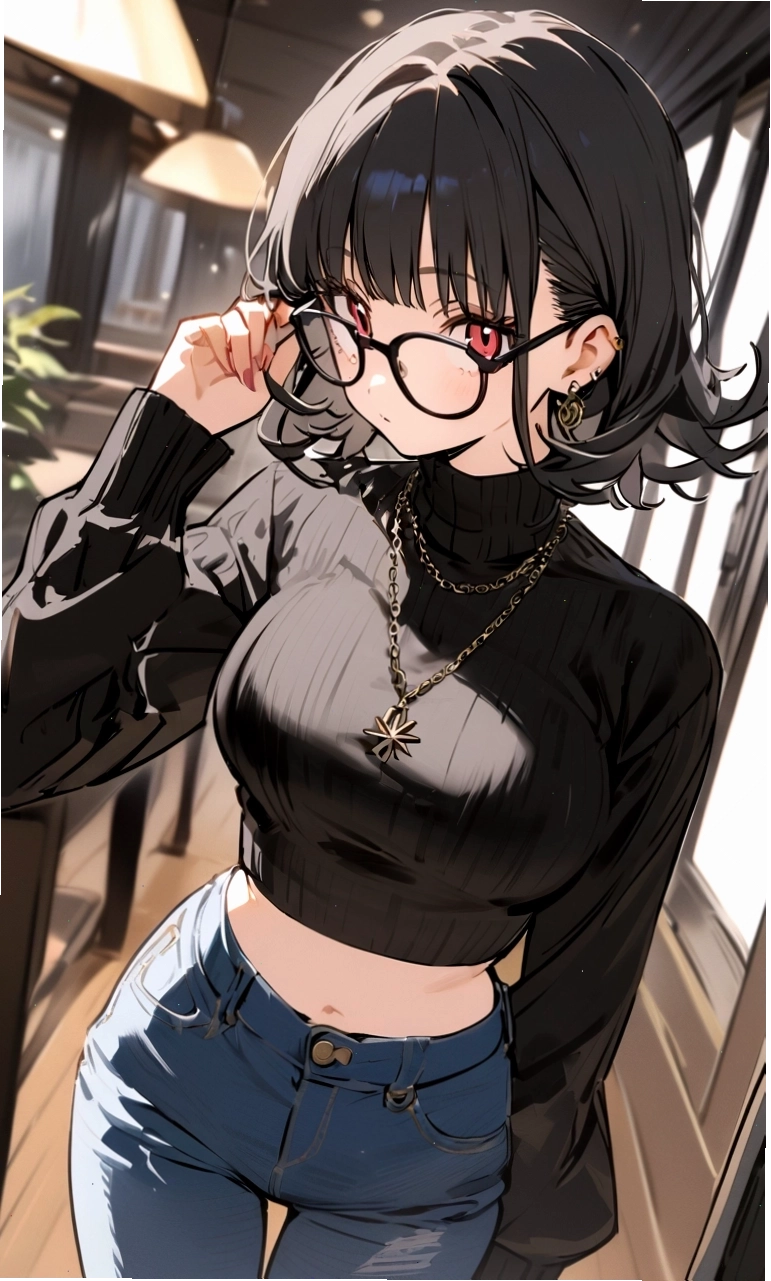 Shizuku Murasaki trong trang phục thường ngày, đeo kính và vòng cổ thánh giá ngược