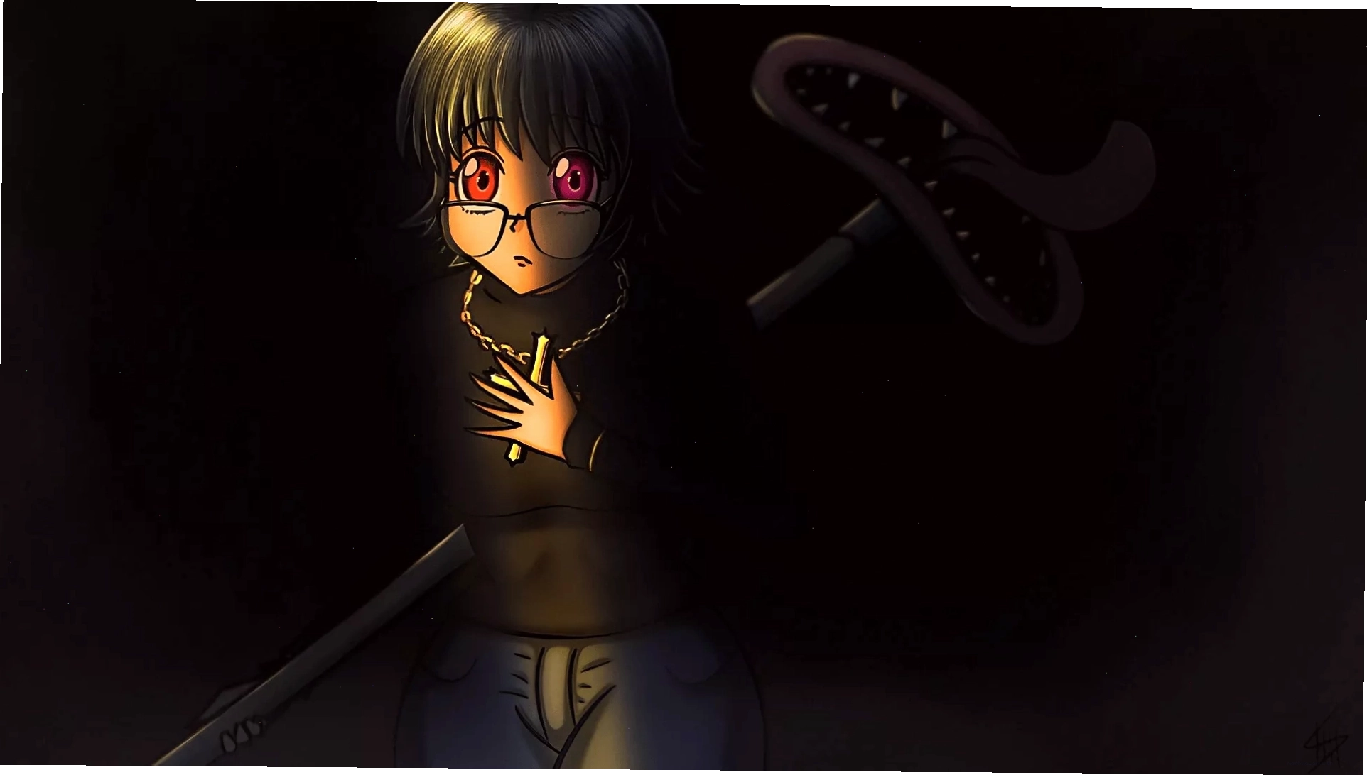 Shizuku Murasaki với đôi mắt màu hồng và biểu cảm lạnh lùng