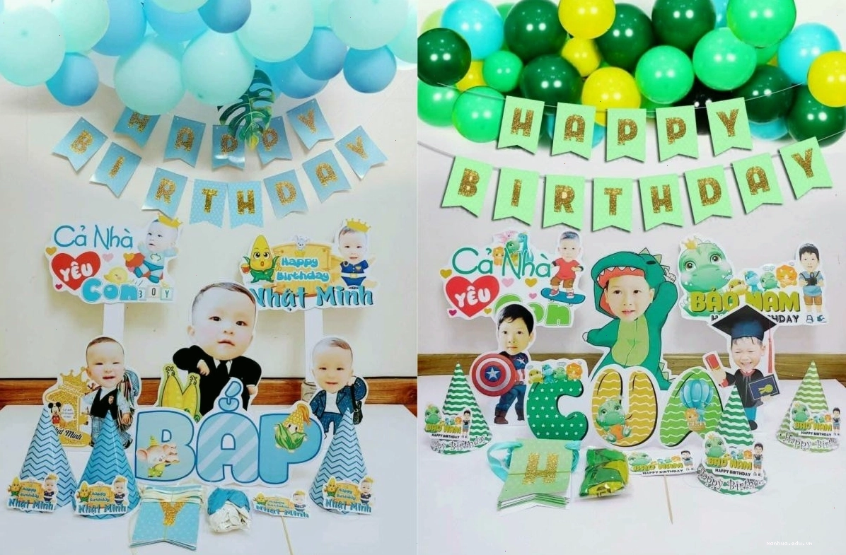 Trang trí sinh nhật bé trai với bóng bay và banner
