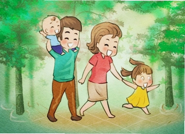 Tranh gia đình 4 người anime dễ thương với 1 trai 1 gái