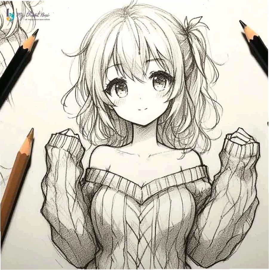 Tranh vẽ anime nữ với biểu cảm dễ thương