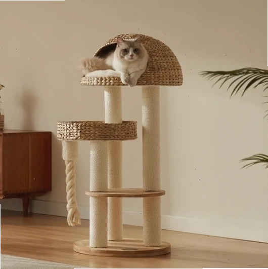 Helsinki The Dome Cat Tree with a wicker design and multiple scratching posts