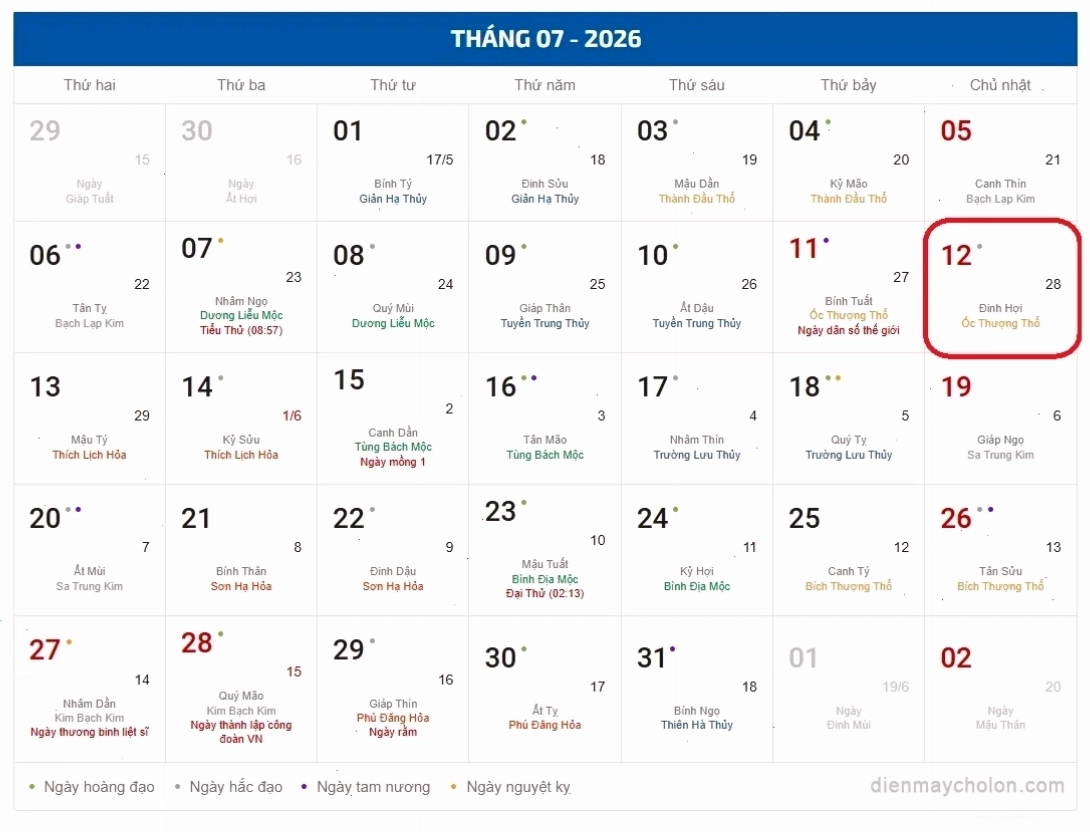 Âm lịch hôm nay 12/7 - Lịch âm 12/7 - Lịch vạn niên ngày 12/7/2026 - Ảnh 1.